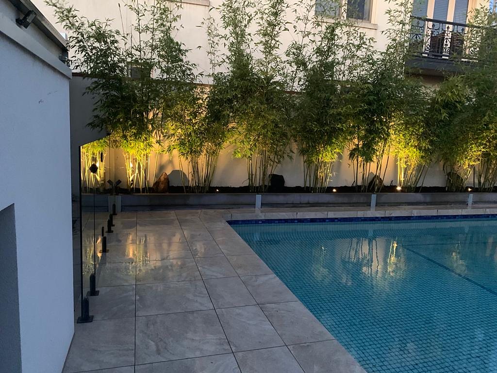 Pool paving and frameless glass with lit bamboo beyond