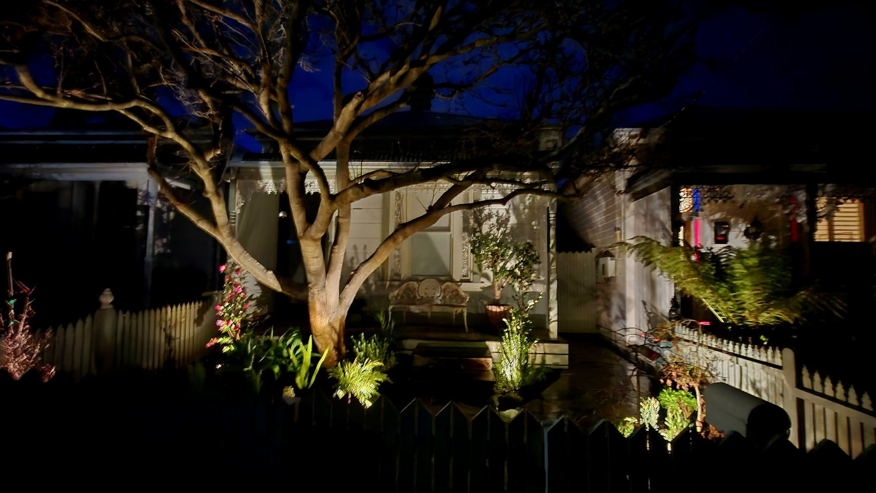 Front garden lit at night beneath a spreading tree, with a picket fence