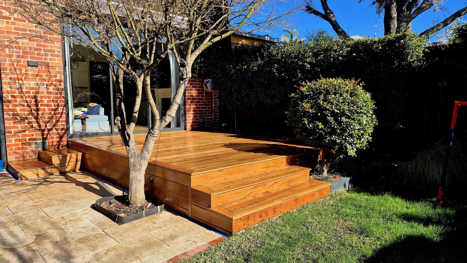 Hardwood deck with wraparound steps around a maple, beside travertine paving