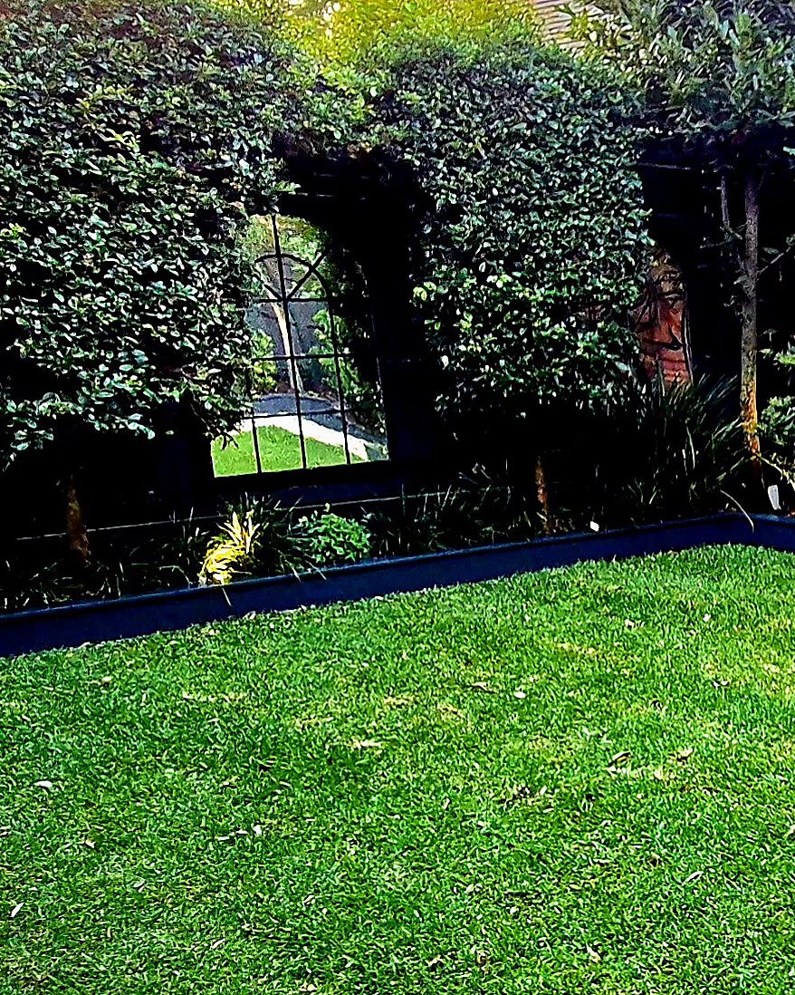 Clipped hedges framing an arched garden mirror above a fresh green lawn