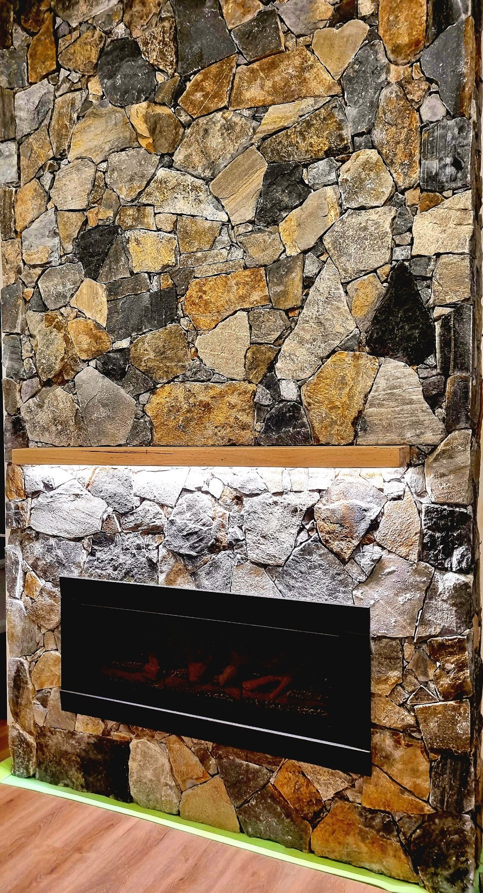 Angled view of the firebox and stonework